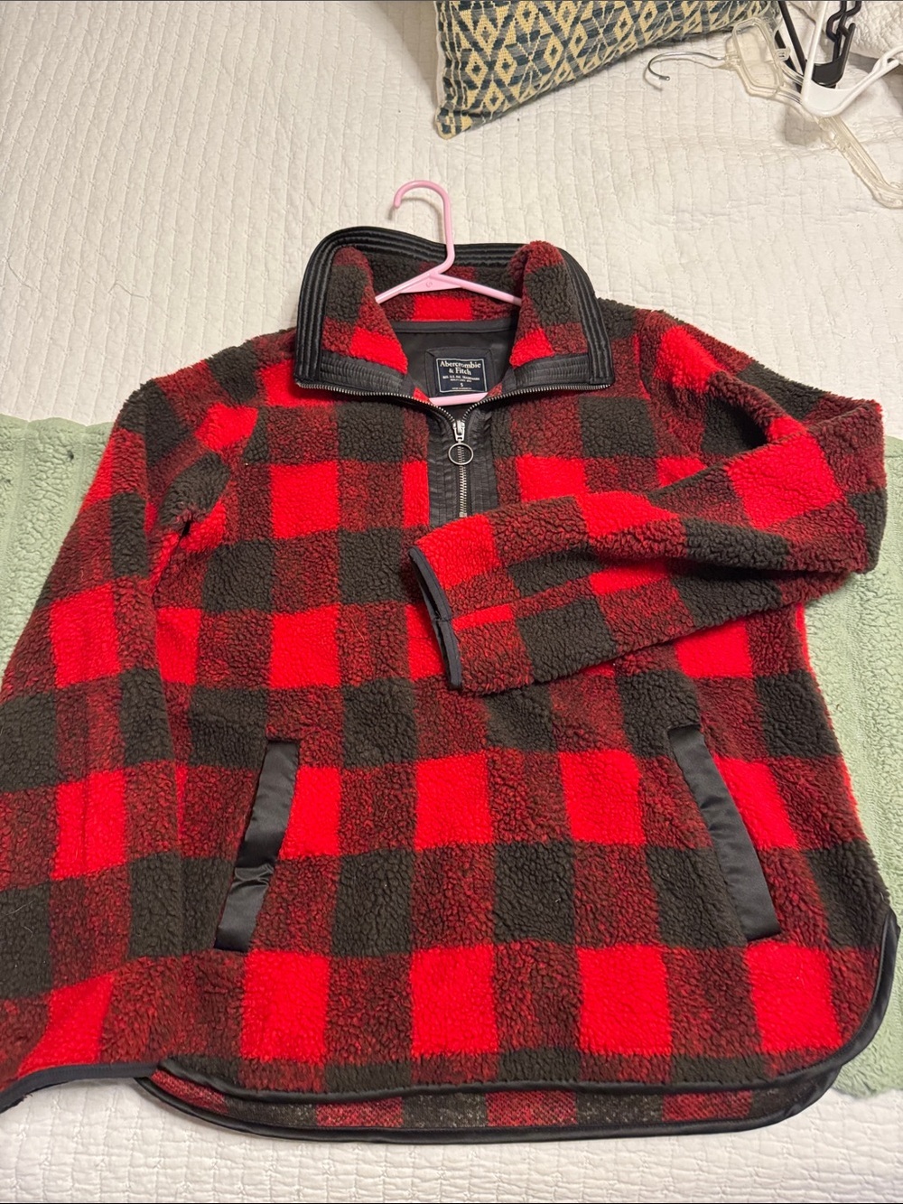 Abercrombie & Fitch Red and Black Buffalo Plaid Fleece Pullover